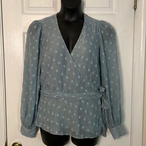 JustFab Muted Aqua Front Lined Swiss Dot Full Wrap Blouse 1X